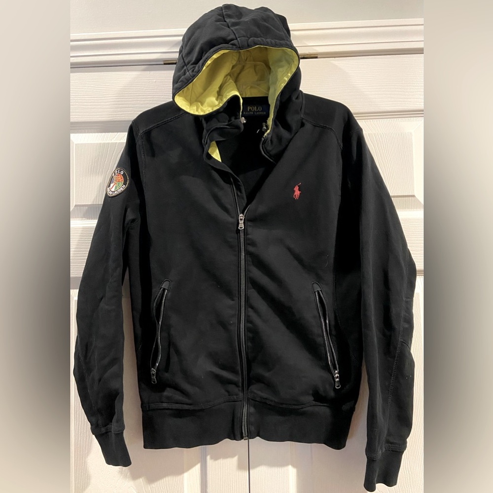 Polo Ralph Lauren Jacket Mens S Black Hooded Cookie Patch Red Pony Full Zip